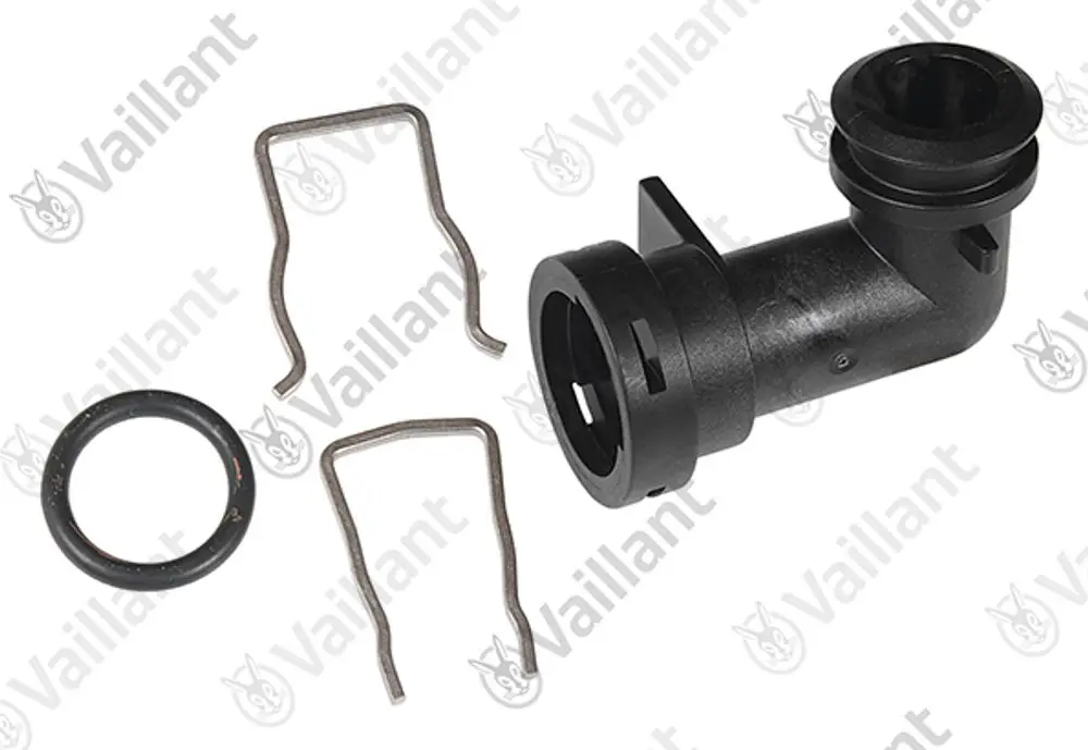 Vaillant Adapter mit zwei Haltegriffen, einem O-Ring und zwei Sicherungsclips, geeignet für verschiedene Modelle. Schwarz, aus Kunststoff.